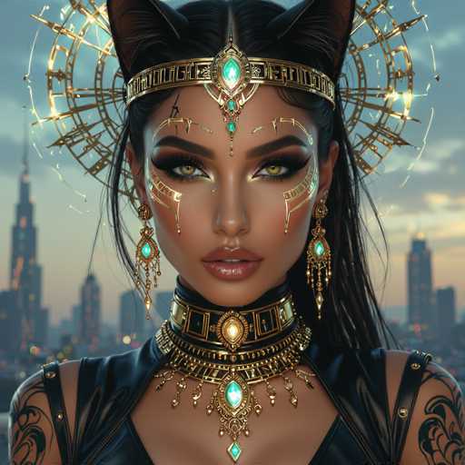 The image shows a woman with long dark hair wearing a gold and green headdress adorned with jewels and a tiara. She is also wearing a black dress that features intricate designs on the bodice. The background of the image depicts a cityscape at dusk, with buildings illuminated by warm lights against a deep blue sky.