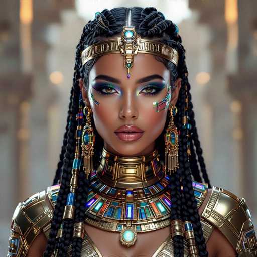 The image shows a woman with long black hair wearing a gold and blue headdress adorned with jewels and a large gold necklace. She is dressed in a golden outfit that includes a corset and a crown on her head. The background features a white wall with columns, suggesting an ancient or historical setting.