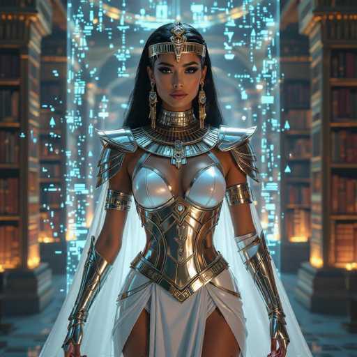 The image depicts a woman dressed in medieval-style armor and clothing, standing in front of a large bookshelf filled with numerous books. The woman is wearing a crown on her head and has long dark hair that falls down to her shoulders. She is positioned centrally in the frame, drawing attention to herself as the main subject of the image.