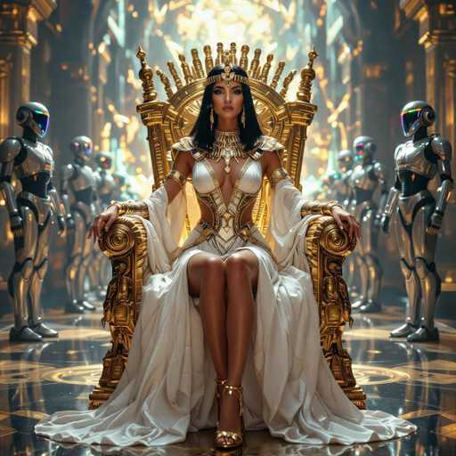 A regal, futuristic queen sits on an ornate golden throne in a grand, opulent chamber. She's adorned in a white and gold gown with intricate details, surrounded by robotic attendants. The art style is a blend of fantasy and sci-fi, with a focus on dramatic lighting and a sense of power.
