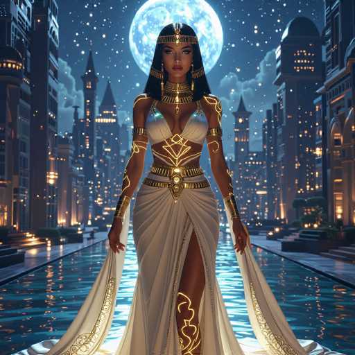 A regal, futuristic Egyptian goddess stands in a shimmering, neon-lit city under a full moon. She wears ornate gold and white attire with intricate detailing, her pose emphasizing a serene yet powerful presence. The scene blends ancient Egyptian aesthetics with a modern, fantastical cityscape, creating a captivating digital art piece.