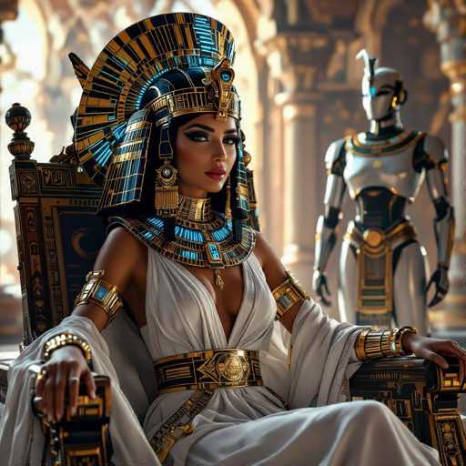 A regal, digitally-rendered Egyptian queen sits on a golden throne adorned with intricate details. She wears an elaborate headdress and jewelry, gazing confidently forward. A futuristic, robotic figure stands in the background, suggesting a blend of ancient and modern aesthetics. The art style is highly detailed and evocative, with warm lighting emphasizing the opulent scene.