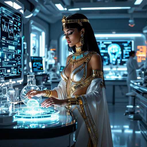 A futuristic, Egyptian-inspired scientist in a lab gown interacts with glowing, ornate glassware. The scene is bathed in cool blue and white neon lighting, highlighting holographic displays and intricate golden details on her attire. The spatial relationship emphasizes a focused, almost mystical interaction with the technology.