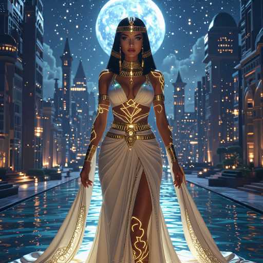 The image depicts a woman standing on a riverbank at night, wearing a white dress with gold accents and a headdress. The setting is a cityscape with tall buildings illuminated by lights against the dark sky.