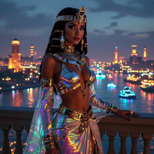 A stunning, digitally-rendered woman in an elaborate, iridescent Egyptian-inspired outfit stands on a balcony overlooking a vibrant, illuminated cityscape at night. The spatial relationship places her as the central focus, with the city lights creating a glowing backdrop and reflecting on the water below. The art style is highly stylized, emphasizing vibrant colors and a fantastical aesthetic.