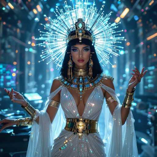A woman is standing against a backdrop of blue lights and neon colors. She is wearing a white dress with gold accents that includes a large headdress adorned with jewels. The woman has her hands raised in the air, suggesting a moment of celebration or joy.