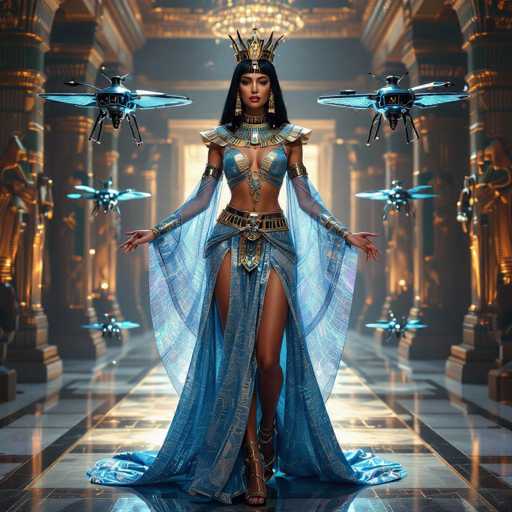 A regal, futuristic Egyptian queen stands in a grand, golden hall adorned with ornate columns and glowing details. She wears an elaborate blue gown with intricate gold accents, a golden headdress, and ornate jewelry. Several futuristic, glowing blue drones hover around her, emphasizing a blend of ancient and modern aesthetics in this digital artwork.