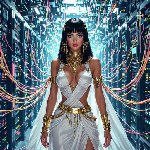 A futuristic, ethereal woman in ancient Egyptian attire stands amidst a glowing, neon-lit digital network. She's adorned with gold jewelry and a flowing white gown, her dark hair framing a serene face. The spatial relationship is one of immersion within a complex technological environment, with glowing data streams emphasizing the digital realm. The art style blends ancient aesthetics with a cyberpunk aesthetic.