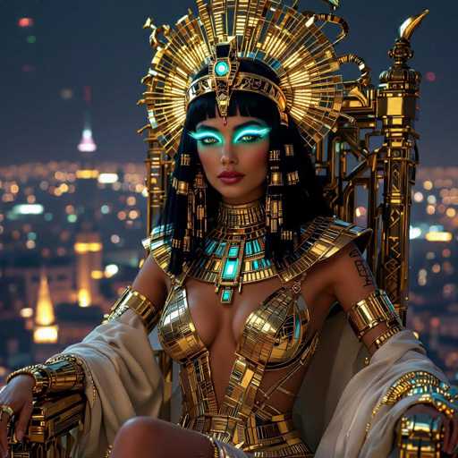 A woman is seated on a golden throne with a gold headdress and a crown of leaves, wearing a gold dress that features intricate designs. The background shows the city skyline at night, illuminated by bright lights.