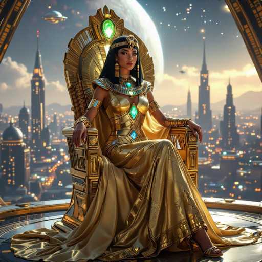 A regal, futuristic Egyptian queen sits on an ornate golden throne, bathed in the soft glow of a full moon. She wears elaborate gold and turquoise attire, adorned with intricate details and jewelry. A futuristic cityscape sprawls in the background, illuminated by city lights, creating a blend of ancient and modern aesthetics. The art style is a digital painting with a focus on rich textures and dramatic lighting.