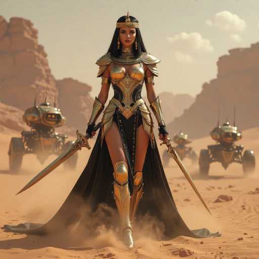 A powerful, futuristic warrior in ornate golden armor stands center-foreground amidst a desert landscape. She wields two glowing swords, her black cape billowing in the dust kicked up by a sandstorm. Behind her, several futuristic vehicles are blurred in the distance, creating a sense of motion and scale. The art style is highly detailed and fantastical, evoking a blend of ancient Egyptian and science fiction aesthetics.