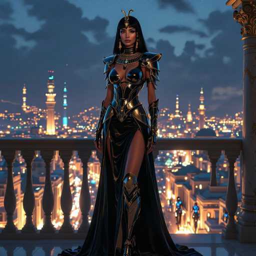 A regal, dark-skinned woman in an ornate black and gold gown stands on a balcony overlooking a vibrant, futuristic cityscape at twilight. The art style is digital fantasy, emphasizing intricate details and dramatic lighting with a focus on the woman's powerful presence.
