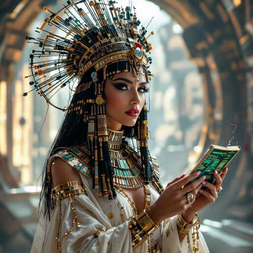 A stunning, intricately adorned woman in an elaborate Egyptian-inspired headdress and jewelry holds a glowing tablet. The image showcases a blend of fantasy and historical aesthetics, with a focus on detailed textures and dramatic lighting. The spatial relationship places the woman as the central figure, emphasizing her regal presence within a softly blurred, ancient-looking background.