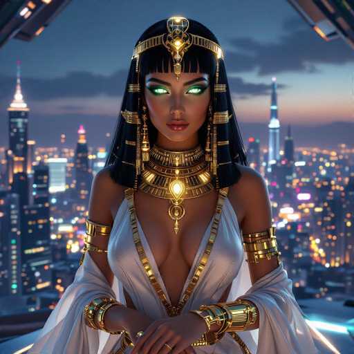 A regal, dark-skinned woman adorned in elaborate golden Egyptian jewelry and a white gown commands attention against a vibrant, glowing cityscape at twilight. Her piercing green eyes and ornate headdress create a striking focal point. The art style is digital fantasy, emphasizing intricate detail and a dramatic, otherworldly atmosphere.