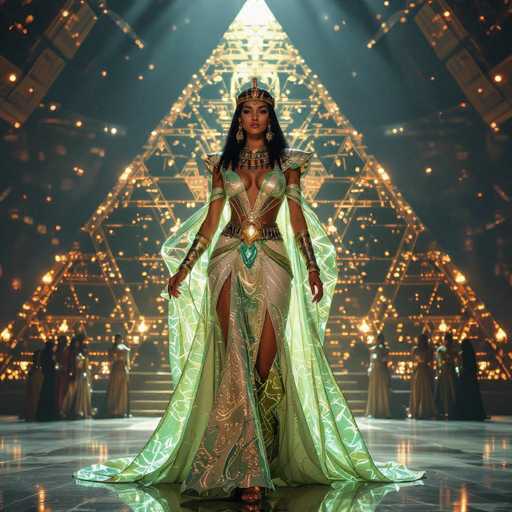 A regal, Egyptian-inspired model commands attention in a shimmering green gown, standing center stage under a dazzling pyramid backdrop. The spatial relationship places her as the focal point, with other figures blurred in the background, emphasizing a grand, theatrical presentation. The art style is highly stylized and dramatic, with intricate gold detailing and dramatic lighting.