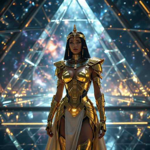 A regal, futuristic Egyptian queen stands center-framed against a glowing, geometric backdrop. She's clad in ornate golden armor and headdress, with a flowing white skirt. The art style blends ancient Egyptian aesthetics with a modern, digital fantasy feel, emphasizing a powerful and otherworldly presence.