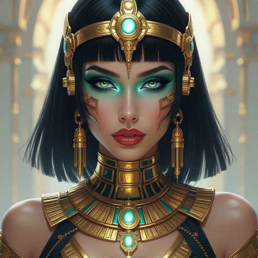 This digital artwork features a strikingly beautiful, stylized Egyptian woman with dark hair and vibrant green eyes. She's adorned in elaborate gold and turquoise jewelry, including a headdress and collar, with dramatic makeup emphasizing her features. The composition is close-up, focusing on her face and upper body, with a soft, ethereal lighting. The art style is highly detailed and fantastical, evoking ancient Egyptian aesthetics.