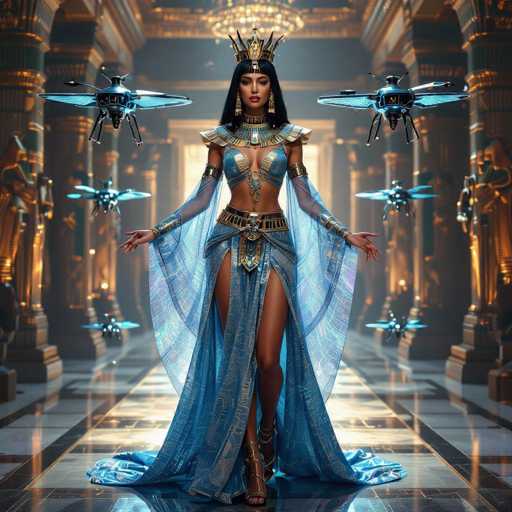 A woman dressed in an elaborate blue and gold costume stands in a grand room with columns and statues, holding a crown on her head. The room is illuminated by chandeliers that cast a warm glow over the scene.