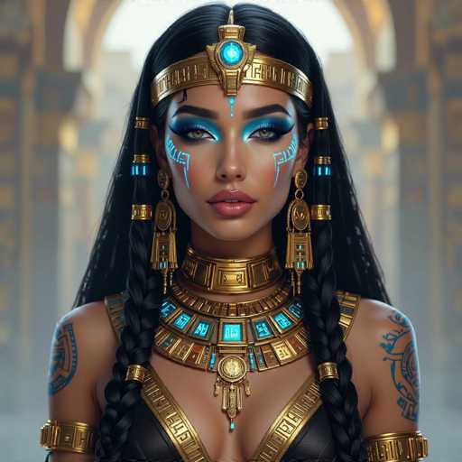 The image depicts a woman with long dark hair wearing a gold and blue headdress adorned with intricate designs. She is also wearing a gold necklace that features a large blue gemstone at the center of her neck. The background appears to be a room filled with columns, suggesting an ancient or historical setting.