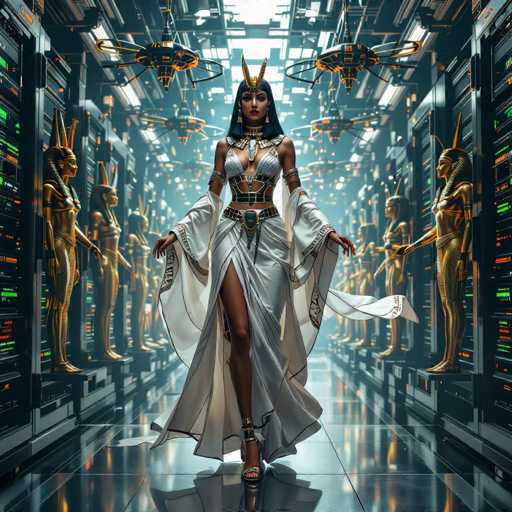 A futuristic, ethereal figure in a white Egyptian-inspired gown stands centrally in a glowing, neon-lit corridor. Golden statues of goddesses flank the path, and holographic displays adorn the walls. The art style blends retro-futurism with ancient Egyptian aesthetics, creating a visually striking and otherworldly scene.