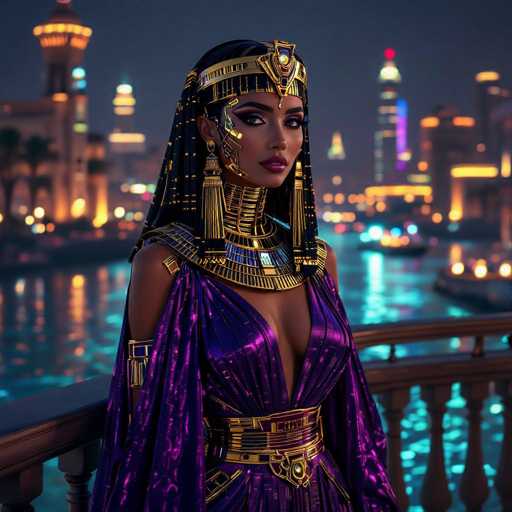 A regal Egyptian woman, adorned in ornate gold and purple attire, stands on a balcony overlooking a vibrant, futuristic cityscape at night. The art style is digital painting with a focus on detailed textures and dramatic lighting, emphasizing the woman's powerful presence against the glowing urban backdrop.