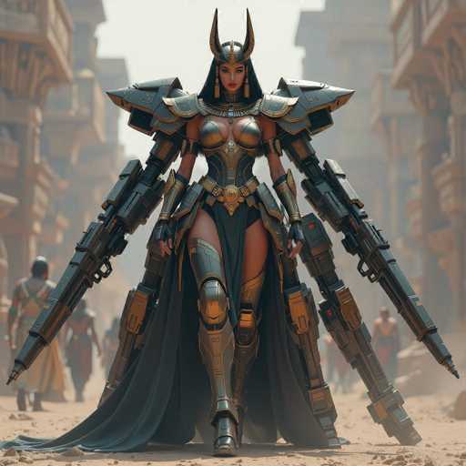 A powerful, futuristic warrior in ornate golden and black armor dominates the scene, wielding multiple massive energy cannons. She stands amidst a desolate, ancient-looking city with blurred figures in the background, rendered in a highly detailed, digital painting style emphasizing dramatic lighting and intricate textures.