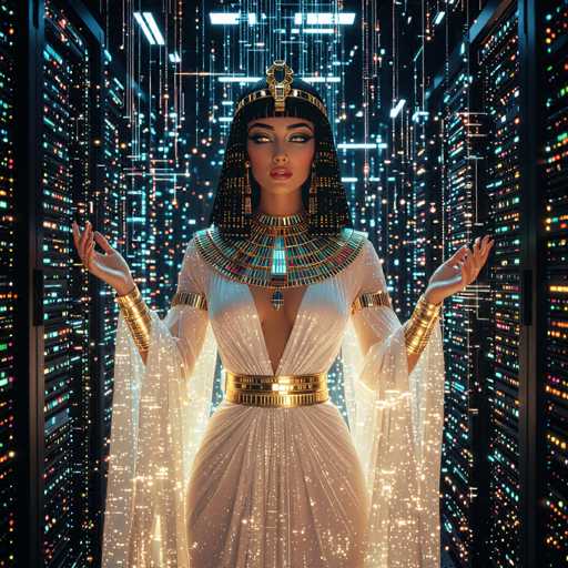 A woman dressed in an elegant white gown with gold accents stands in a futuristic room filled with rows of computer servers and cables. The room is illuminated by blue and green lights that create a futuristic atmosphere. The woman's hands are raised in the air, suggesting a moment of celebration or triumph.