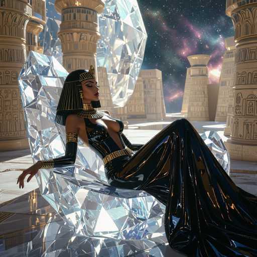 A regal, dark-skinned woman in an elaborate black and gold gown lounges on a crystalline throne amidst a futuristic, Egyptian-inspired cityscape. The scene is bathed in soft light, with a starry sky visible in the background, creating an opulent and otherworldly atmosphere. The art style is highly detailed and digitally rendered, emphasizing intricate textures and reflections.