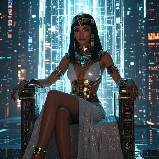 A woman dressed in an Egyptian-style outfit is seated on a throne with her legs crossed and wearing a gold headdress and necklace. The background features a cityscape at night with neon lights illuminating the scene.