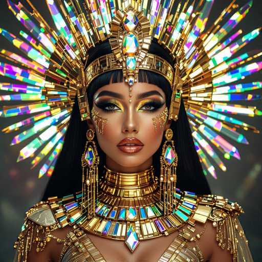This vibrant digital artwork features a stunning, digitally enhanced portrait of a woman adorned in an elaborate, futuristic Egyptian-inspired headdress and jewelry. The main subject is centrally positioned, her face detailed with intricate makeup and glowing eye makeup. The art style blends fantasy and digital art, emphasizing rich textures and a luminous, otherworldly aesthetic with a focus on opulent gold and iridescent gemstones.