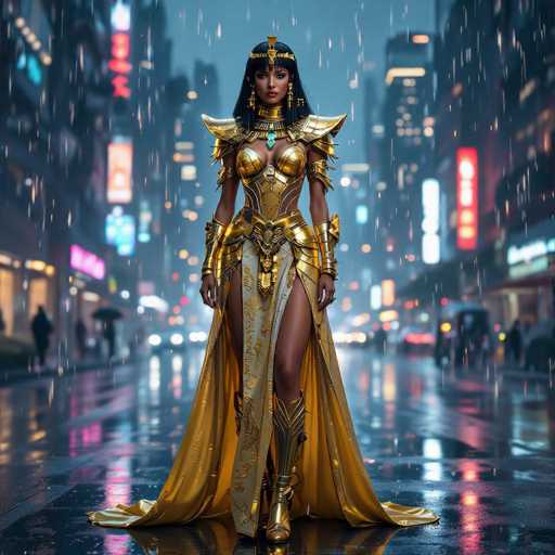 A futuristic, golden Egyptian goddess figure stands center-framed in a rain-slicked city street. She's adorned in elaborate, shimmering armor and a flowing gown, her pose regal yet modern. Rain streaks the background, blurring neon signs and figures in the distance, creating a dramatic, digital art style.