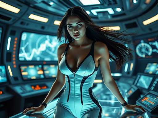 A woman in a futuristic, form-fitting white and black suit stands in a sleek, dimly lit spaceship control room. She gazes directly at the viewer with a serious expression, her long hair flowing dynamically around her. The background features glowing digital displays and technical panels in shades of blue, creating a cool, high-tech atmosphere.