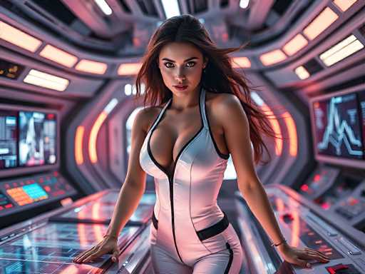 A woman in a futuristic white jumpsuit with a plunging neckline stands confidently amidst a glowing, high-tech control panel. The image features a vibrant, neon-lit sci-fi aesthetic with detailed digital displays and a focus on the woman's intense gaze. The spatial relationship places her centrally, emphasizing her as the focal point of this futuristic scene.