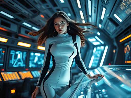 A woman in a futuristic white and black jumpsuit stands confidently in a sleek, dimly lit spaceship cockpit. Her long hair flows dynamically, suggesting motion. The background features glowing digital displays and a dark, futuristic aesthetic with sharp lines and cool blue lighting.