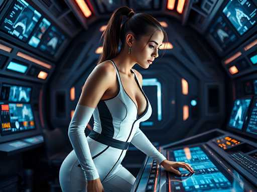 A woman in a futuristic white and black jumpsuit is intently working at a glowing, complex control panel within a spaceship cockpit. The scene is bathed in cool blue and orange neon lights, emphasizing the advanced technology and her focused posture. The spatial relationship places her as the central figure, interacting with the intricate interface. The art style is highly detailed and digital, evoking a sense of advanced science fiction.