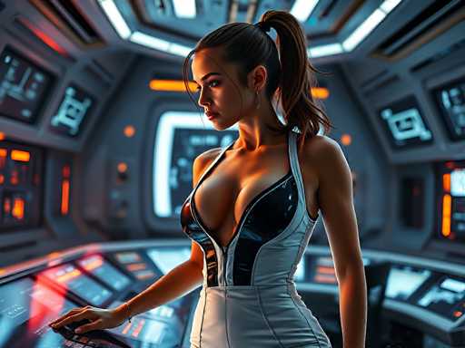 A woman in a futuristic, form-fitting white and black jumpsuit interacts with a glowing, complex control panel in a dimly lit spaceship cockpit. The art style is highly detailed and digital, emphasizing neon lighting and a sleek, technological aesthetic.