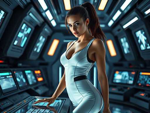 A woman in a sleek, white jumpsuit with a black accent is positioned at a futuristic control panel in a dimly lit spaceship cockpit. She gazes directly at the viewer, her hand resting on the controls. The scene is bathed in cool blue and orange lighting, emphasizing a high-tech, sci-fi aesthetic.