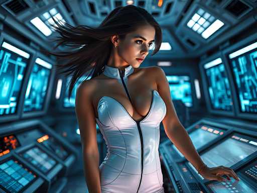 A woman in a futuristic white bodysuit stands amidst glowing, complex digital interfaces in a dimly lit space. Her dark hair flows dynamically, suggesting motion. The art style is highly detailed and cyberpunk-inspired, emphasizing a blend of technology and advanced design with cool blue and orange lighting.