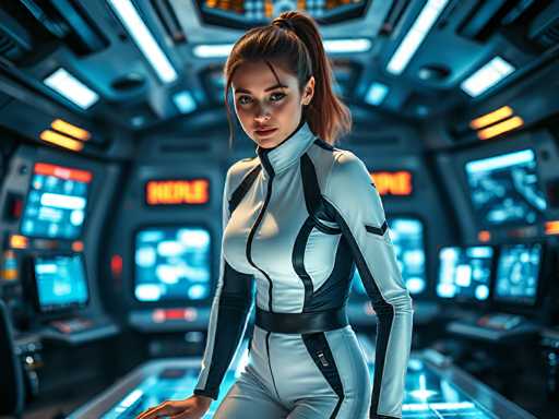 A woman in a futuristic white and black spacesuit stands in the cockpit of a spaceship, looking directly at the viewer. The suit is sleek and form-fitting, with black accents on the shoulders, arms, and waist. The woman has long brown hair tied in a ponytail and is wearing small stud earrings. She has a serious expression on her face, looking directly into the camera with a confident gaze. The cockpit is filled with glowing screens and futuristic controls, creating a sense of advanced technology. The overall lighting is cool and futuristic, with bright blue and white lights illuminating the scene.