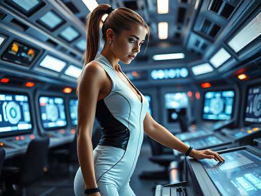 A woman in a futuristic white and black jumpsuit stands in a sleek, dimly lit spaceship control room. She's focused on a holographic interface, her posture suggesting concentration. The scene is bathed in cool blue and purple tones, with glowing digital displays adding to the high-tech atmosphere. The art style is modern and detailed, emphasizing a sense of advanced technology.