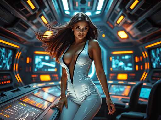 The image depicts a woman standing confidently on a space shuttle control panel. She is wearing a white jumpsuit with a black stripe down the middle and her hair is styled in loose waves. The background features a futuristic setting with multiple screens displaying various colors of orange and blue lights.