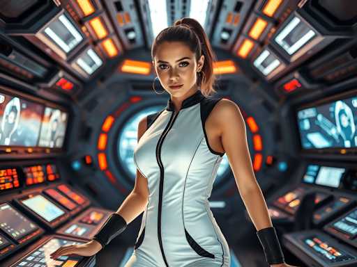 The image shows a woman standing in front of a futuristic space station with a large circular window at the center and various screens surrounding her on either side. The woman is dressed in a white jumpsuit with black accents and has her hair styled in a ponytail.