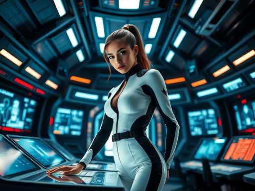 A woman in a futuristic white and black jumpsuit stands in a sleek, dark spaceship control room. She's positioned centrally, looking directly at the viewer with a confident gaze. The background features glowing digital displays and panels, creating a high-tech atmosphere. The overall style is modern, with sharp lines and cool lighting.