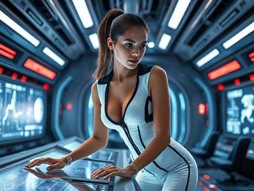 A stylish woman in a futuristic white jumpsuit interacts with a glowing, holographic interface in a sleek, dark spaceship control room. The image features a cool, neon-lit aesthetic with sharp lines and digital displays, emphasizing a modern, technological atmosphere.