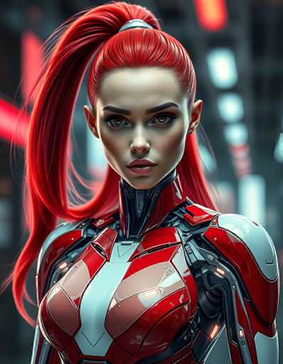 A stunning, hyperrealistic portrait of a futuristic cyborg woman. She has vibrant, long, flowing red hair styled in a high ponytail, with subtle highlights catching the light. Her skin is fair and has a slightly metallic sheen in places, particularly on her cybernetic enhancements. She wears a sleek, red and white cyborg suit with intricate details of glowing circuitry and metallic panels. Her eyes are a striking, intense green, and her expression is serious yet captivating, looking directly at the viewer. The background is a blurred cityscape with neon lights and a dark, futuristic aesthetic, emphasizing her as the central focus. The overall lighting is dramatic, highlighting the contours of her body and the details of her cybernetic design. The image has a high level of detail, showcasing a blend of organic and mechanical elements in a visually striking composition.