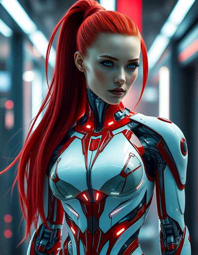 A woman with red hair styled in a ponytail and wearing a futuristic white suit with red accents stands in front of a blue wall with red lights.