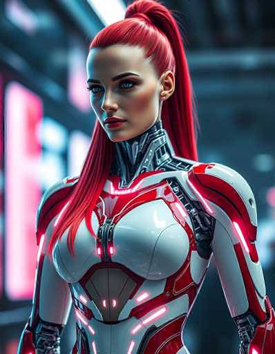 A strikingly beautiful, red-haired woman in a futuristic white and red cybernetic suit dominates the frame. She gazes intently, her body angled slightly to the left. The background is a blurred neon-lit cityscape, emphasizing the character's central presence with a vibrant, cyberpunk aesthetic.