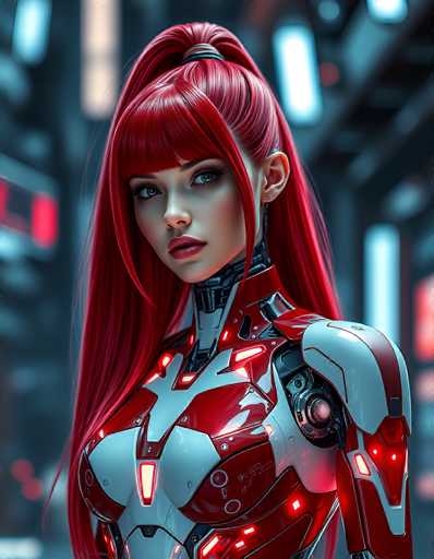 A striking, close-up portrait of a woman in a futuristic, red and white cybernetic suit dominates the image. Her long, vibrant red hair is styled in a high ponytail, and her intense gaze meets the viewer's. The background features blurred neon lights, creating a cyberpunk aesthetic with a focus on technological detail and a slightly gritty atmosphere.