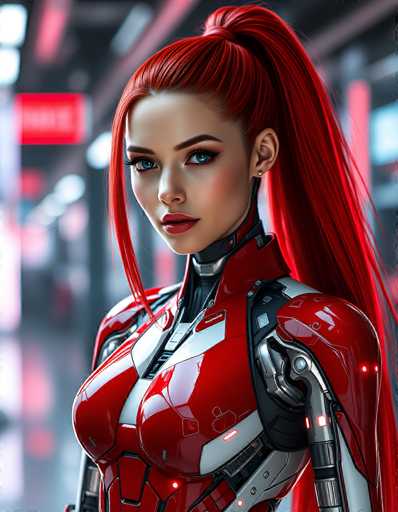 A striking, close-up portrait of a woman in a futuristic red and silver power suit dominates the frame. Her vibrant red hair is styled in a high ponytail, contrasting with her intense gaze and detailed cybernetic armor. The art style is highly detailed and digital, emphasizing a blend of human and technological elements in a cyberpunk aesthetic.