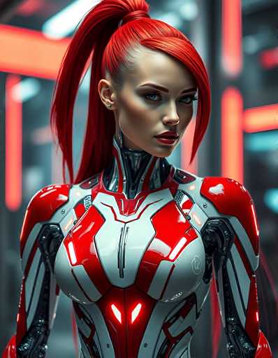 A striking, close-up portrait of a woman in a futuristic, red and white cybernetic suit dominates the image. Her vibrant red hair is styled in a high ponytail, contrasting with her intense gaze and detailed, metallic armor. The background features blurred neon lights, emphasizing the technological aesthetic of this digital artwork.